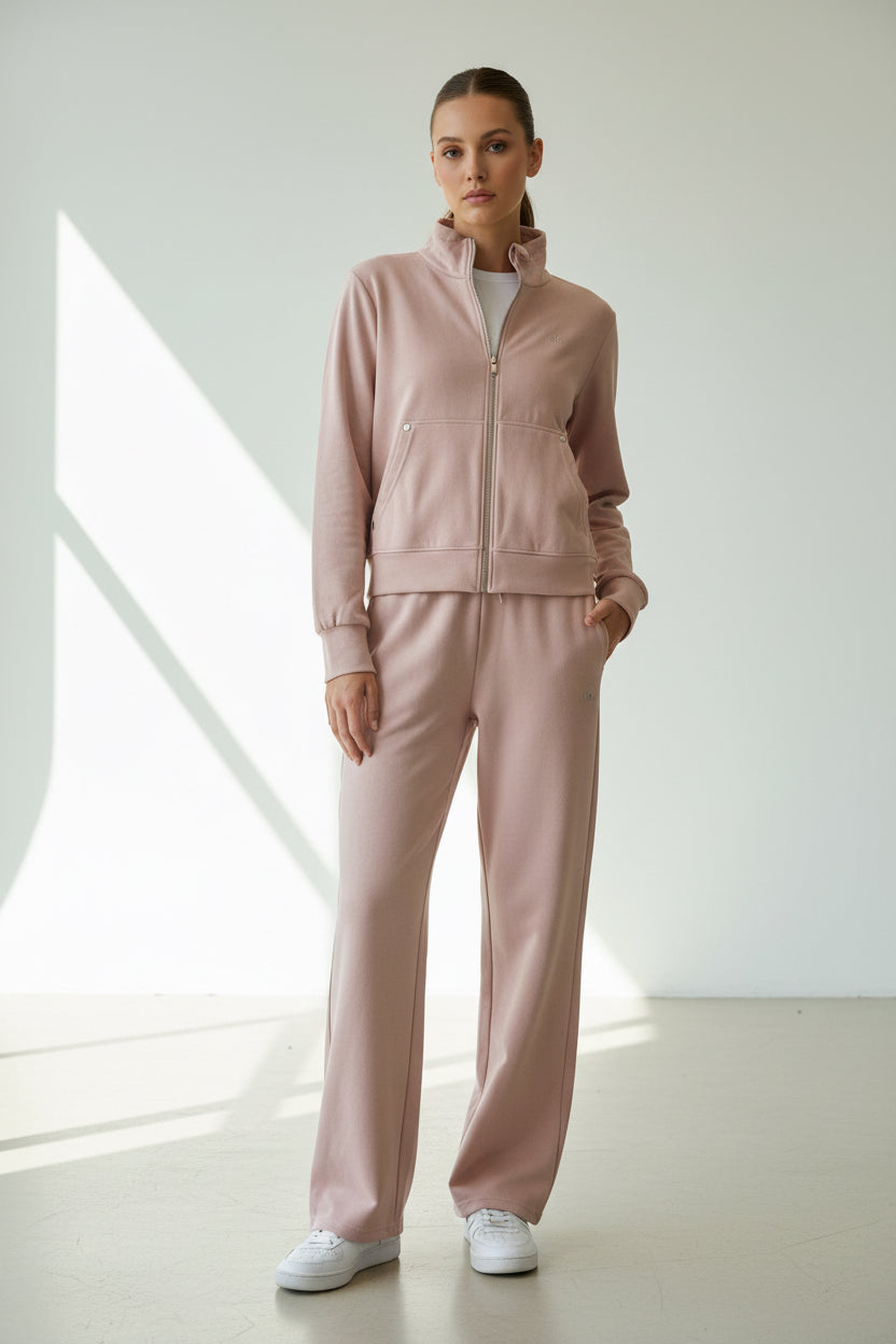Conjunto Alo yoga sudadera sierre completo y pants rosa