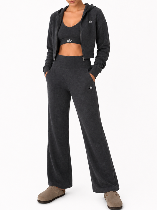 Conjunto Alo yoga 3 pz top, jacket y pants gris